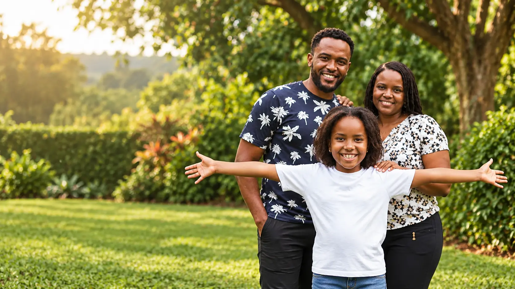 A joyful Ugandan family together in a peaceful garden